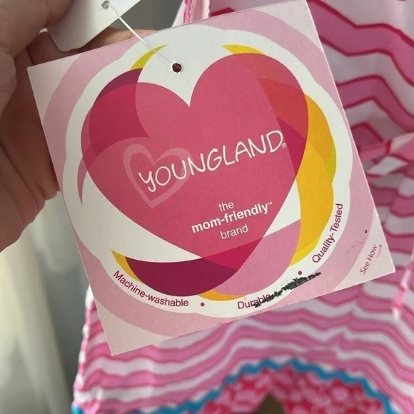 Brand New Youngland Pink & White Striped Ruffle Sleeveless Dress Blue Bows Heart - Picture 6 of 11